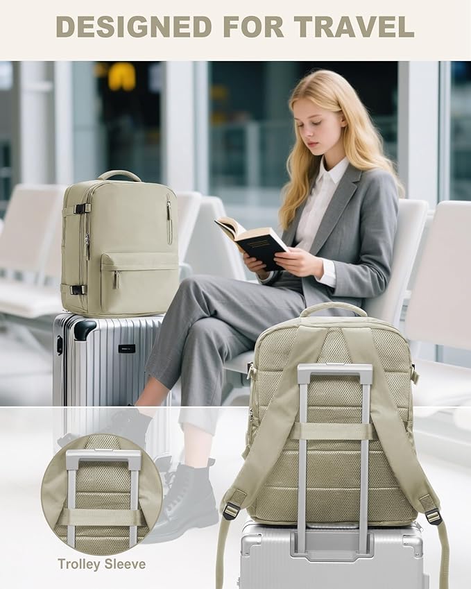 VECAVE Travel Backpack for Women, Airline Flight Approved Carry On Backpacks Waterproof 14 Inch Laptop Backpack with Shoe Compartment Casual Daypack GreyBrown