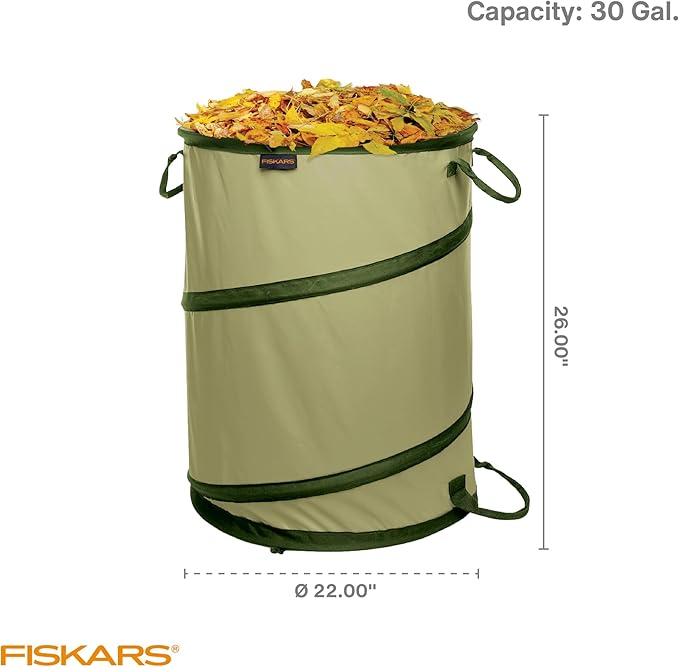 Fiskars Kangaroo Collapsible Spring Up Garden Bag for Yard Waste, Grass, Branches & Weeds, Tear & Mildew Resistant Vinyl-Coated Polyester, Folds Flat to 3 Inches for Space-Saving Storage, 30 Gallon