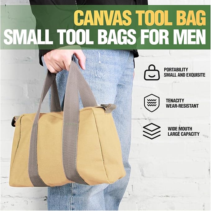 Small Tool Bag, Canvas Tool Storage Bag, Large Capacity Multipurpose Zipper Soft Tote Organizer Pouch for Electrician, Plumbing, Gardening,Tools Bags for Men (Khaki, 13 Inch)