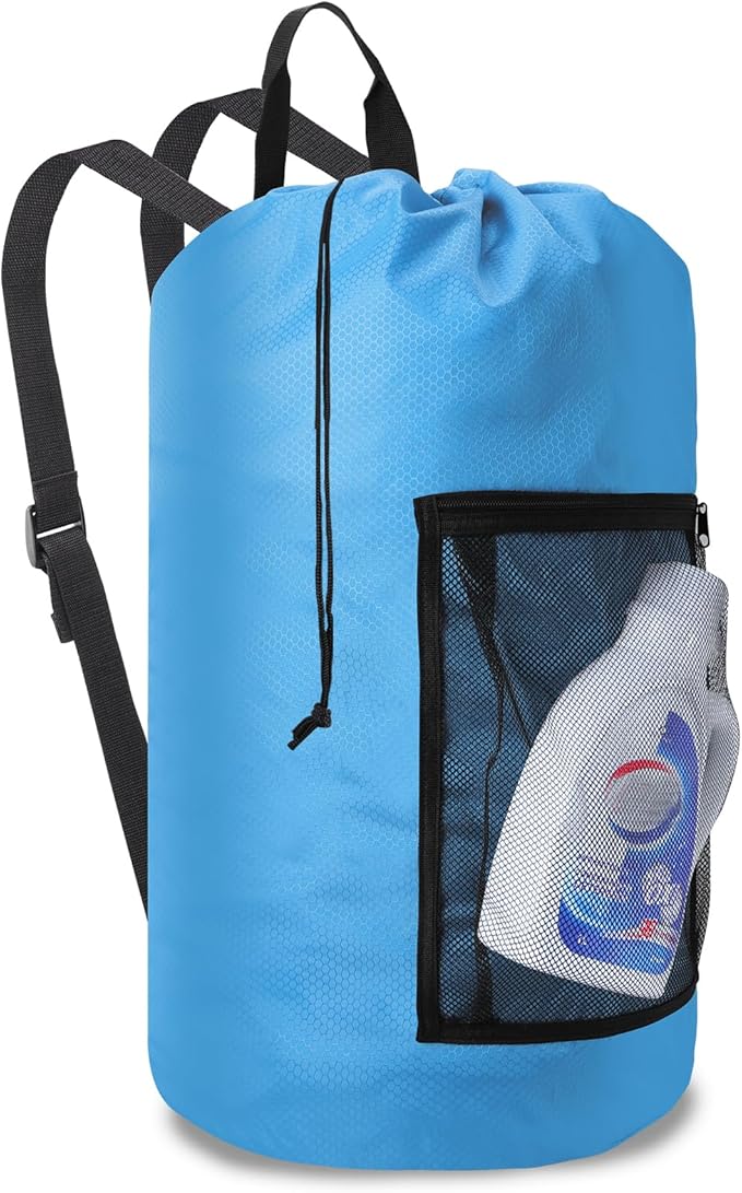 Laundry Bag Backpack Durable Laundry Bag with Shoulder Straps and Mesh Pockets Portable Laundry Dirty Clothes Hamper Bag for College Dorm (Blue)