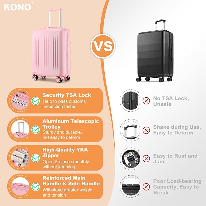 Kono Small 20 Inch Expandable Carry On Luggage with Quiet Spinner Wheels & TSA Lock, Scratch and Drop Resistant PC+ABS Hardside 22x14x9 Airline Approved Suitcase, Pink