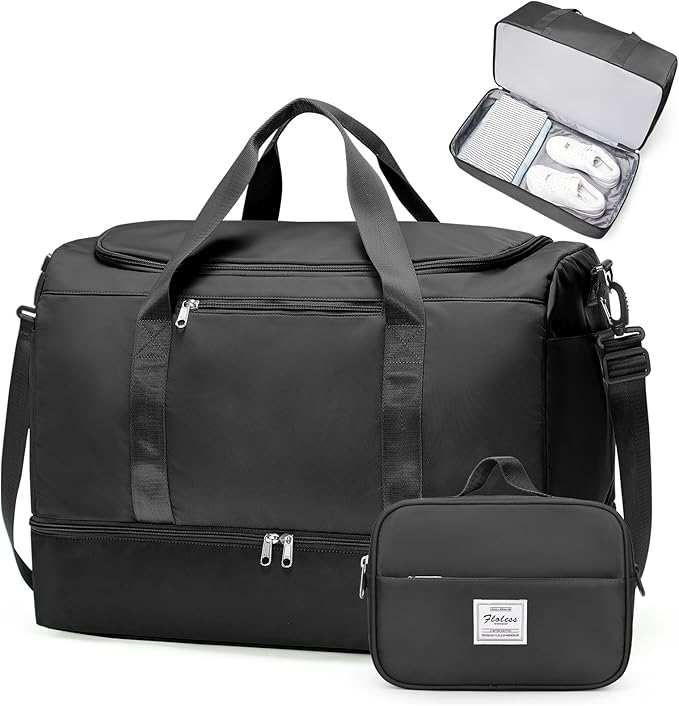 Large Travel Duffle Bag,Carry on Overnight Weekend Bag with Shoes Compartment,Weekender Bags for Women for Travel Business Trips Sport Hospital,2Pcs,Black