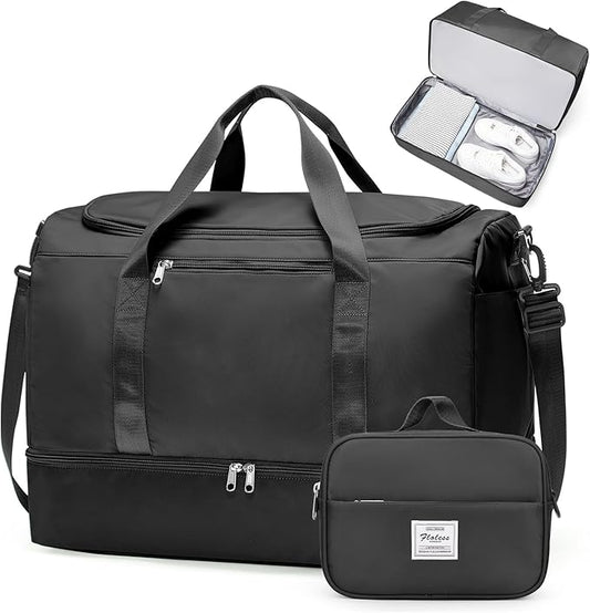 Large Travel Duffle Bag,Carry on Overnight Weekend Bag with Shoes Compartment,Weekender Bags for Women for Travel Business Trips Sport Hospital,2Pcs,Black