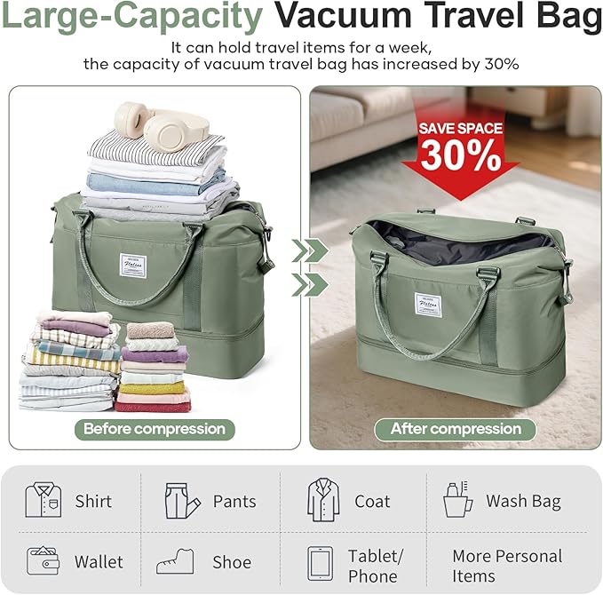 Overnight Weekender Bags for Women,Vacuum Travel Duffel Bag with Air Pump, Personal Item Travel Bag with Shoes Compartment & Compression Pocket,Olive Green