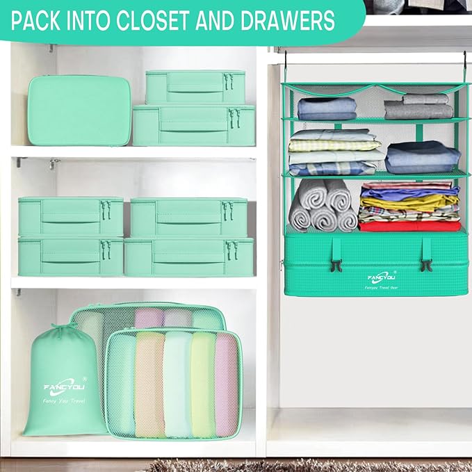 Compressible Packing Cubes Portable Hanging Closet Shelves 17"x12"x24" Extendable Travel Organizer Nylon Packing Bags for Suitcase