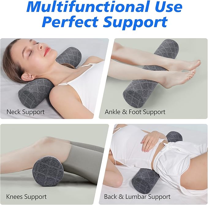 Cozyhealth 3.1" H Small Cervical Roll Pillow, Medium Soft Memory Foam Neck Round Pillow Cylinder Bolster Pillow for Sleeping, Round Neck Support for Bed, Legs, Back and Yoga (Grey, Small - 3.1" H)