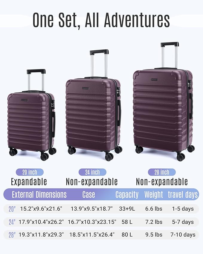 LIGHT FLIGHT Luggage Sets, 3 Piece Durable Suitcase Set with Spinner Wheels, 3 Pcs Hard Shell Lightweight Luggage with TSA Lock, Large Checked Travel Suitcases, 20/24/28 Inch,Purple