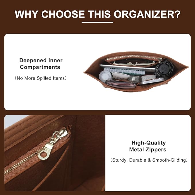 Doxo Felt Purse Organizer Insert for Longchamp Le Pliage M Totes, Longchamp Orgainzer Insert Meduim with 7 Compartments & YKK Zipper | Fits Long Champ Meidum Top Handle Tote Bag (SM, Gold Brown)
