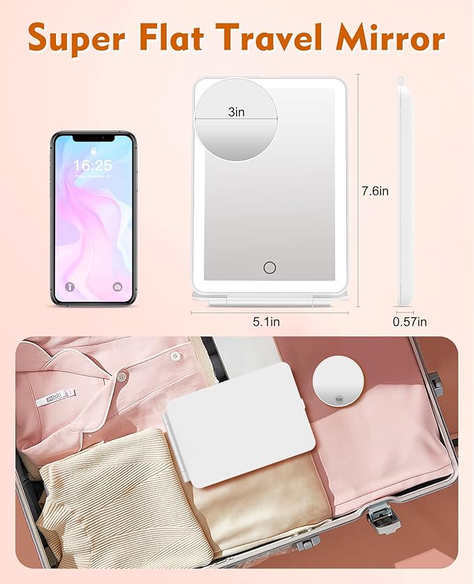 FUNTOUCH Rechargeable Travel Makeup Mirror with Lights and 10X Magnifying Mirrors, Portable Lighted Vanity Mirror with 80 Led,2000mAh Battery,3 Color Lighting,Touch Dimming,Tabletop Light up Mirror