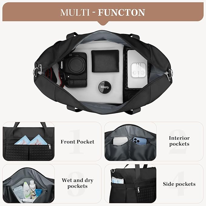 Maelstrom Gym Bag for Women,40L Travel Duffel Bag with Shoes Compartment and Wet Pocket,Waterproof Carry On Weekender Bag,Sport Gym Tote Bags Swimming Yoga, Hospital Holdalls（Black）