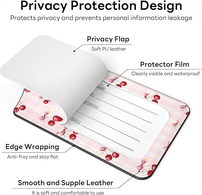 2 Pack PU Leather Luggage Tags for Suitcases, Privacy Protection Cover with Stainless Steel Loop and Address Card, Travel Cruise Essentials (Red Cherries)