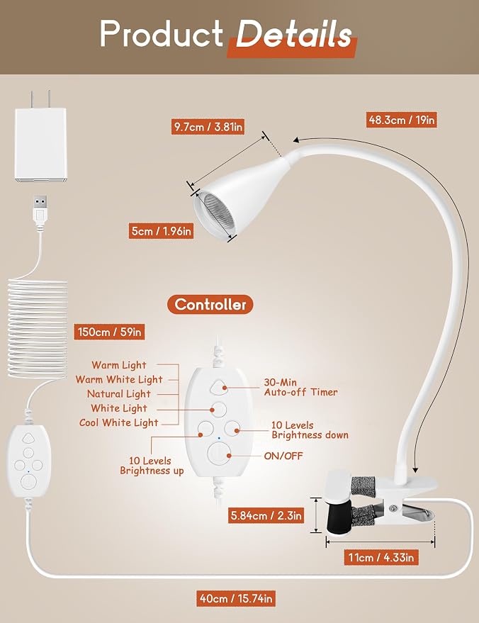 Reading Light for Book in Bed,Clip on Light Reading Lamp with Adapter White | 5 Color Modes 10 Brightness, Flexible Eye-Caring Clip on Desk Lamp Book Light for Reading in Bed Headboard Bedside Bedroom