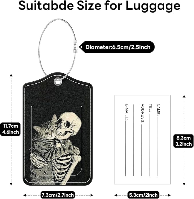 2 Pack PU Leather Luggage Tags for Suitcases, Privacy Protection Cover with Stainless Steel Loop and Address Card, Travel Cruise Essentials (Cat Skull)