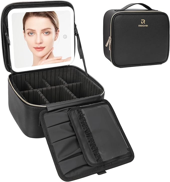 Relavel Travel Makeup Bag With LED Mirror, Cosmetic Train Case with Light up Mirror, Portable Makeup Artist Organizer Bag with Adjustable Dividers, Makeup Brush Holder Storage, Black