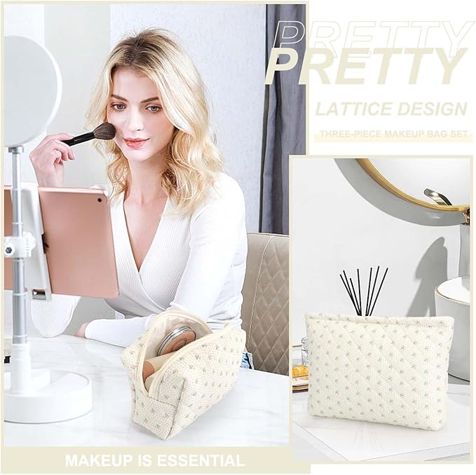 EIMMBD Makeup Bag 3 Pieces Large Capacity Checkered Cosmetic Bag Travel Toiletry Bag Organizer Cute Makeup Bag Pouch Storage Bag for Women(Beige Floral)