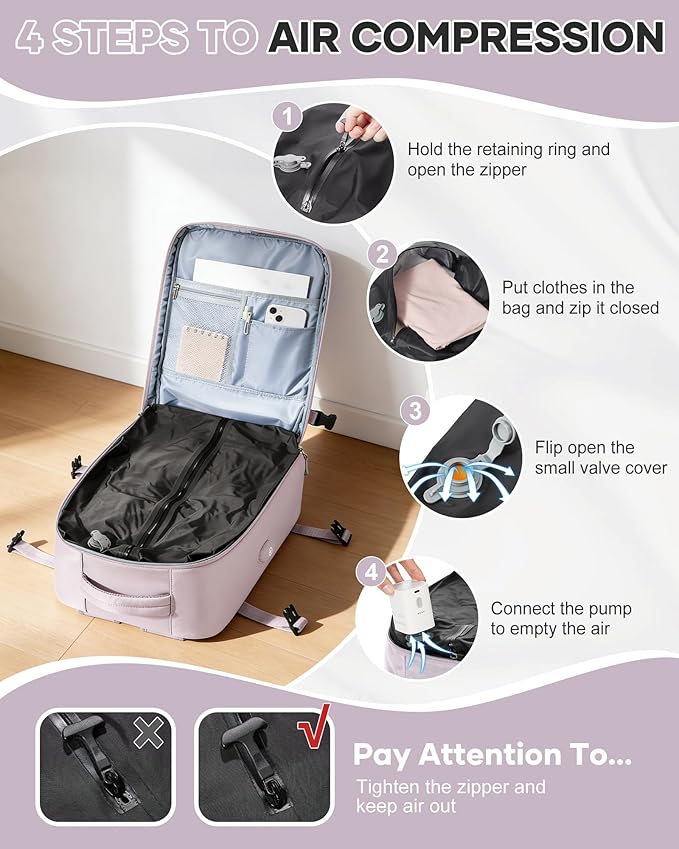 VECAVE Vacuum Travel Backpack with Pump for Women, Personal Item Carry on Backpacks Flight Approved 18x14x8 inches for Men,Laptop Waterproof Work Compression bags Casual Daypack. (Pink)