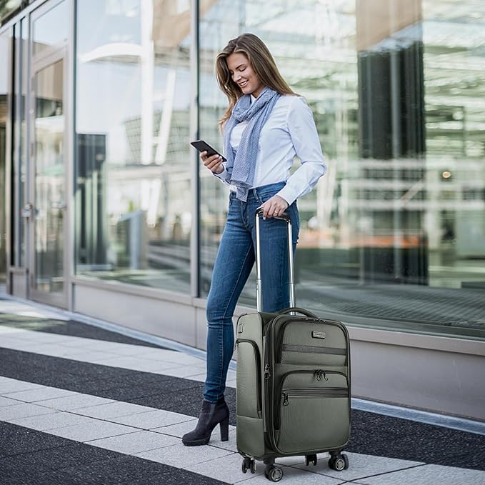 KROSER Softside Expandable Carry On Luggage with Front Business Pockets，20 Inch Suitcases with Spinner Wheels & Built-in TSA Lock, Durable Suitcase Rolling Luggage with USB Port, Army Green