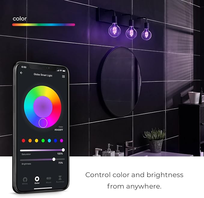 Globe Electric 35851 Wi-Fi Smart 7W (60W Equivalent) Spiral Filament Multicolor Changing LED Light Bulb, No Hub Required, Voice Activated, 2000K - 5000K, G25 Shape, E26 Base, Vintage Edison