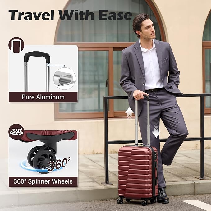 Coolife Carry On Luggage Airline Approved with Spinner Wheels, Hard Shell Suitcase TSA Lock Lightweight Travel Luggage 20-inch,Wine Red
