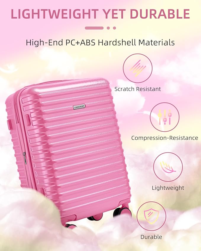 LARVENDER Carry on Luggage 22x14x9 Airline Approved, Expandable 20 Inch Hardside Suitcase with Wheels TSA Lock, PC+ABS Lightweight Carry on Suitcases for Women and Men, Berry (20/DB/TB)