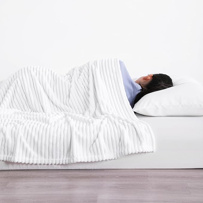 NTBAY Plush Flannel Twin Bed Blanket, 60X80 Inches Soft and Warm Lightweight Blanket with Striped Texture Bed Blanket for Couch Sofa Bed All Seasons, 60"x80", White
