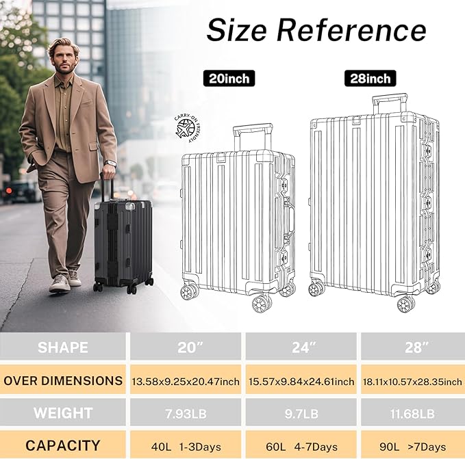 Krute Aluminum Frame Luggage 28 Inch Checked Suitcase with Spinner Wheels TSA Approved No Zipper Hard Shell Luggage PC+ABS Travel Suitcase