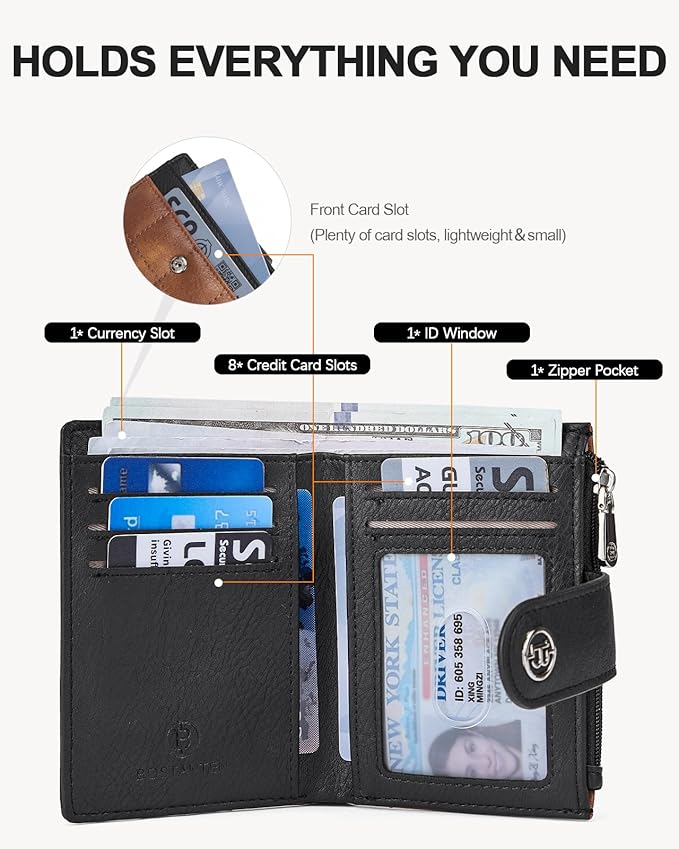 BOSTANTEN Small Wallet for Women Leather RFID Blocking Card Holder Bifold Compact Wallets With Zipper Coin Pocket Black＆Brown