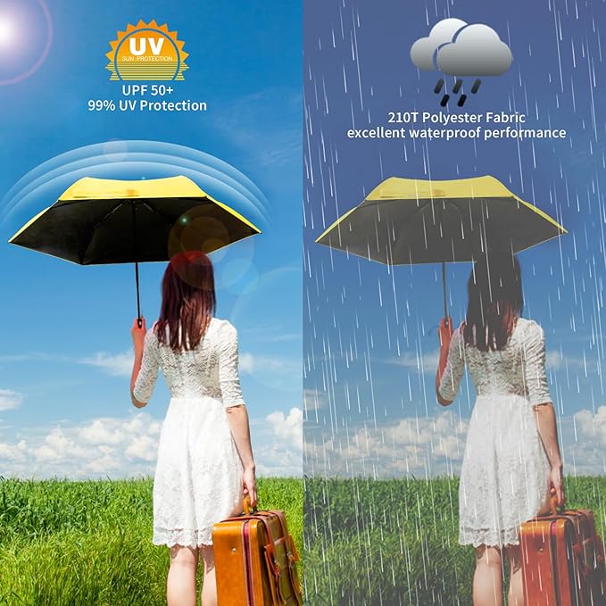GAOYAING Mini Compact Travel Umbrella with Reflective Safety Stripes, Portable Folding Design with Case