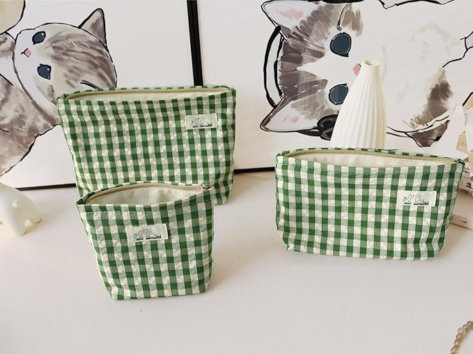HAPPYHEIDI Large Cute Green Checker Makeup Bag with Compartment Cosmetic Travel Pouch, Nylon Fabric, Purse Organizer, Canvas Lined, Beige Plaid