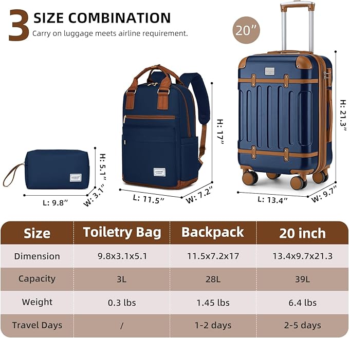 LARVENDER Luggage Sets 3 Piece Expandable Carry on Luggage 22x14x9 Airline Approved Hardshell Suitcase with Wheels TSA Lock, Lightweight Suitcase Set for Women with Travel Backpack, Navy Blue