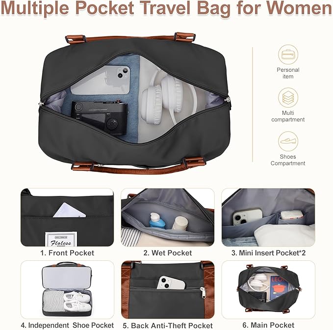 Large Weekender Bags for Women, Travel Duffel Bag with Shoe Compartment,Personal Item Travel Carry on Overnight Bag for Women Travel Set,Black & Brown