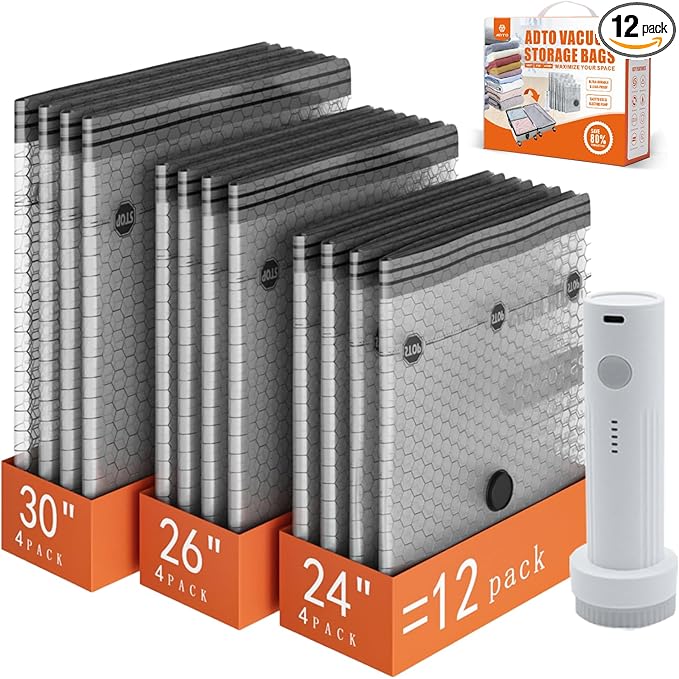 Travel Vacuum Seal Bags for Clothing with Portable Electric Pump, 12 Pack Space Saver Vacuum Storage Bag, Compression Packing Bag for Clothes Luggage & Suitcase, Cruise Vacation & Home Essentials