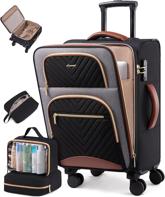 LOVEVOOK Carry on Luggage 22x14x9 Airline Approved, Waterproof Carry on Suitcase with 3 Pouches,Lightweight Softside Underseat Travel Luggage with 360° Spinner Wheels,TSA Lock for Travel Business