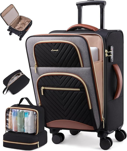 LOVEVOOK Carry on Luggage 22x14x9 Airline Approved, Waterproof Carry on Suitcase with 3 Pouches,Lightweight Softside Underseat Travel Luggage with 360° Spinner Wheels,TSA Lock for Travel Business
