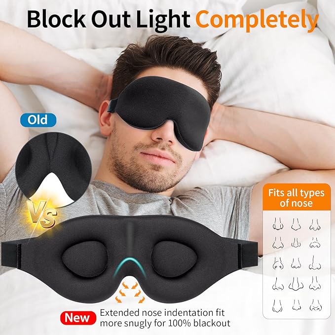 NEWVANGA Sleep Mask for Back and Side Sleeper, Block Out Light, Luxury Sleeping Eye Mask of 3D Night Blindfold, Zero Pressure Breathable Travel Eye Cover Black