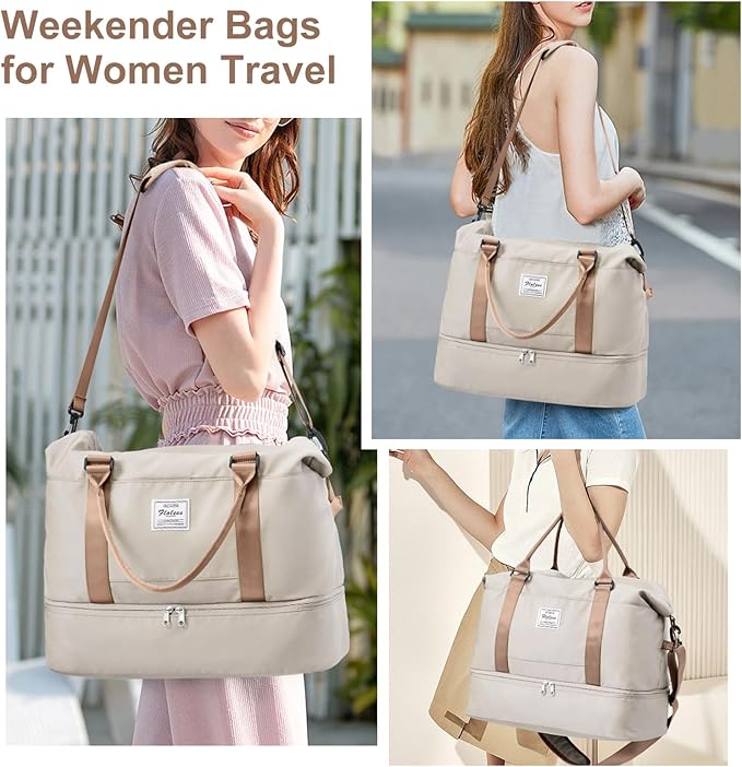 Weekender Bags for Women, Travel Duffel Bags with Shoe Compartment,Personal Item Travel Bag for Airlines, Carry on Overnight Tote Bag for Women with Toiletry Bag，Beige&Brown