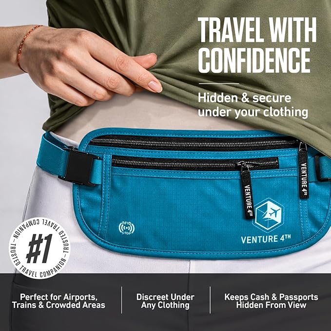 VENTURE 4TH Travel Money Belt - Slim Passport Holder RFID Blocking Travel Pouch to Protect Cash, Credit Cards and Travel Documents (Blue)