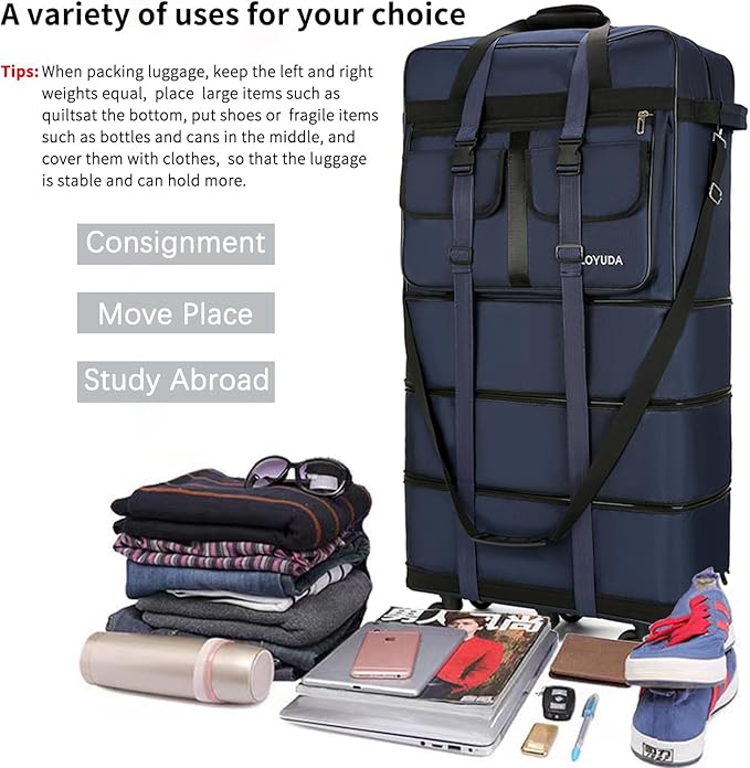 130L Expandable Luggage, 40 Inch Suitcase with Wheels, Collapsible Luggage with Wheels, Rolling Duffle Bag with wheels,Foldable Suitcase with2Handle Wrap 2Fixing Straps 1Shoulder Strap (Blue)