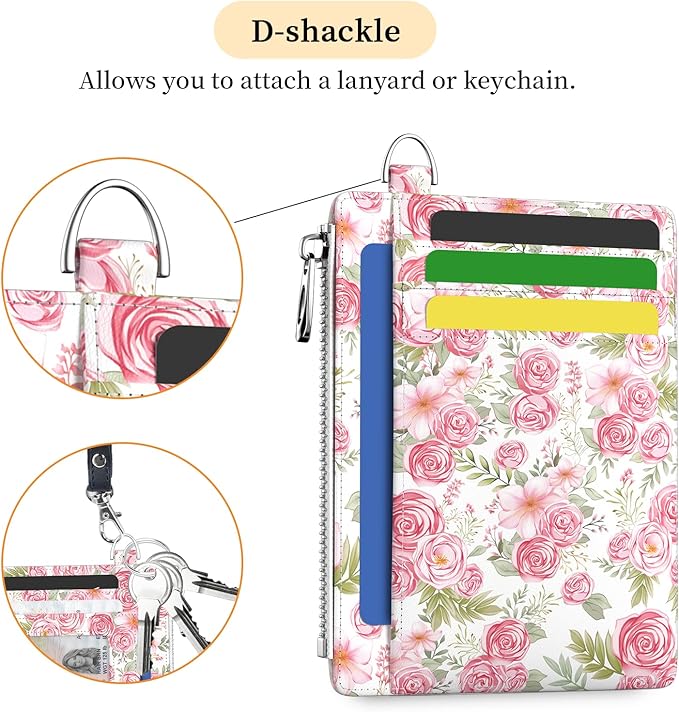 Hancynir Slim Wallet Women Credit Card Holder Rose Flower Floral RFID Blocking Small Cute Card Wallets Mini Front Pocket PU Leather Card Case Thin Travel Zipper Coin Cash Ladies Female Wallet Gifts