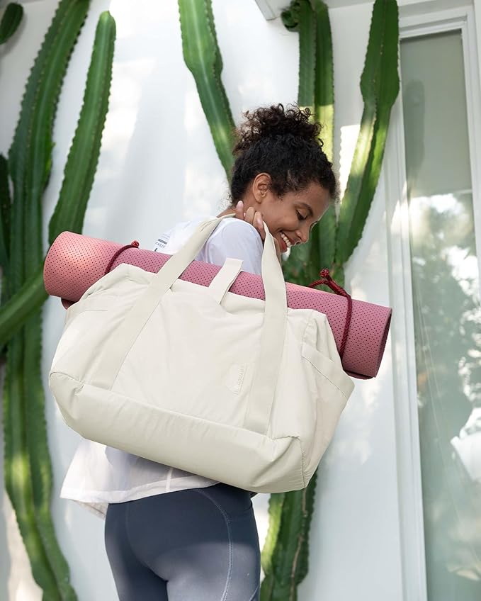 BAGSMART BAGSMART Gym Bag for Women, Carry on Weekender Overnight Bag, Travel Duffel Bags with Trolley Sleeve, Personal Item Travel Bag Tote Bag Workout Dance Bag(Light Beige-Large)