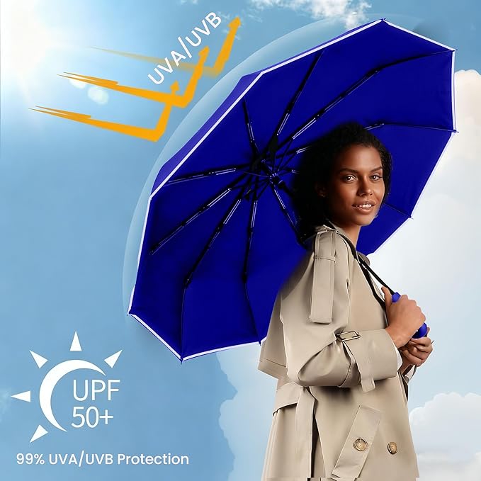 SIEPASA Travel Umbrella with Carabiner Handle - Windproof 10 Ribs Auto Open/Close for Rain & Sun Protection, Compact Portable Clip-on Backpack Design with Safety Reflective Strip.