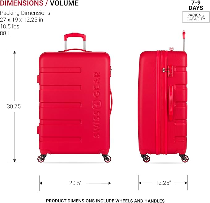 SwissGear 7366 Signature Hardside Expandable Luggage with Spinner Wheels, TSA Lock, Red, Checked-Large 27-Inch