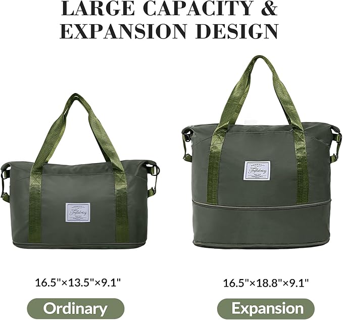 Travel Duffel Bag - Large Shoulder Weekender Overnight Bag, Carry on Bag with Wet Pocket, Waterproof Expandable Duffel Bag with Trolley Sleeve, Sports Tote Gym Bag for Women, Olive Green
