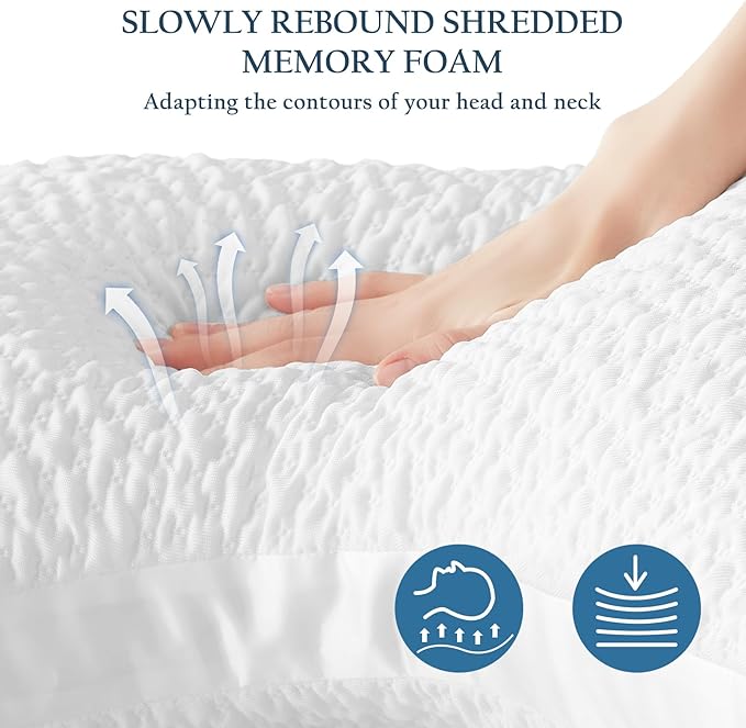 Side Sleeper Pillows for Adults, Adjustable Shredded Memory Foam Bed Pillows for Neck and Shoulder Pain, Standard White Cooling Curved Pillows with Washable Cover
