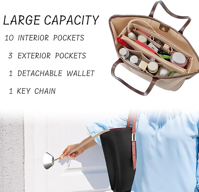 Purse Organizer Insert with Zipper Felt Bag Organizer Handbag Organizer Insert Bag in Bag Organizer with Key Chain for Tote Purse Bag Beige Small