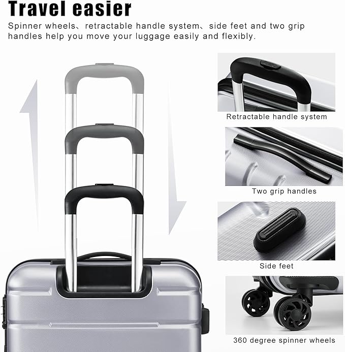 Coolife Luggage Suitcase Carry-on Spinner TSA Lock USB Port Expandable (only 28’’) Lightweight Hardside Luggage (Silver, S(20in_carry on))