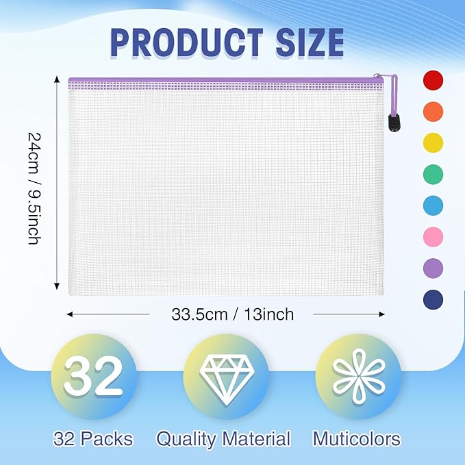 Jetec 32 Pcs Mesh Zipper Bags Toy Storage Bikini Organizer Bag Bolsas Para Guardar Trajes De Bano Waterproof Zipper Reusable Pouch Puzzle Multipurpose for Storage Office(Cute Color,13 x 9.5 Inch)