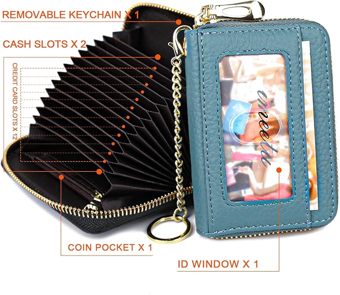 imeetu RFID Credit Card Holder, Small Leather Zipper Card Case Wallet for Women