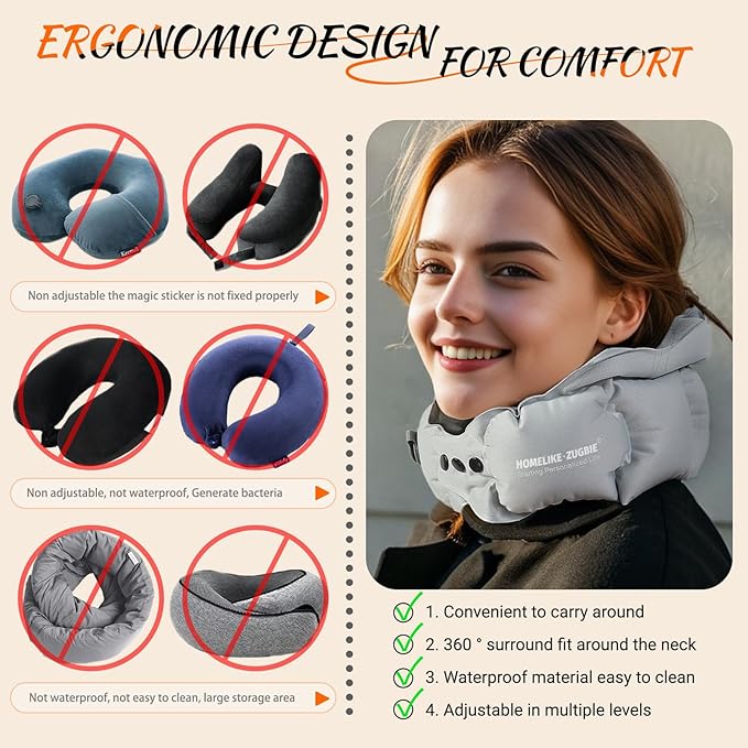 Inflatable Travel Pillow for Airplane, Inflatable Neck Pillow Airplane for Travel Office Nap Neck Support, Buy 1 Get 3 Professional Grey Sleeping Eye Mask and Highly Silent