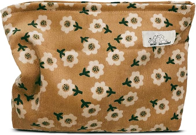 HAPPYHEIDI Women Floral Corduroy Canvas Travel Makeup Bag Cosmetic Pouch Purse Organizer, Khaki